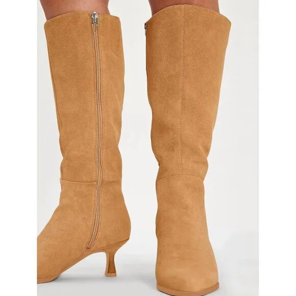 ⚡Women's Khaki Knee High Boots Kitten Low Heel Pointed Toe Leather Side Zipper